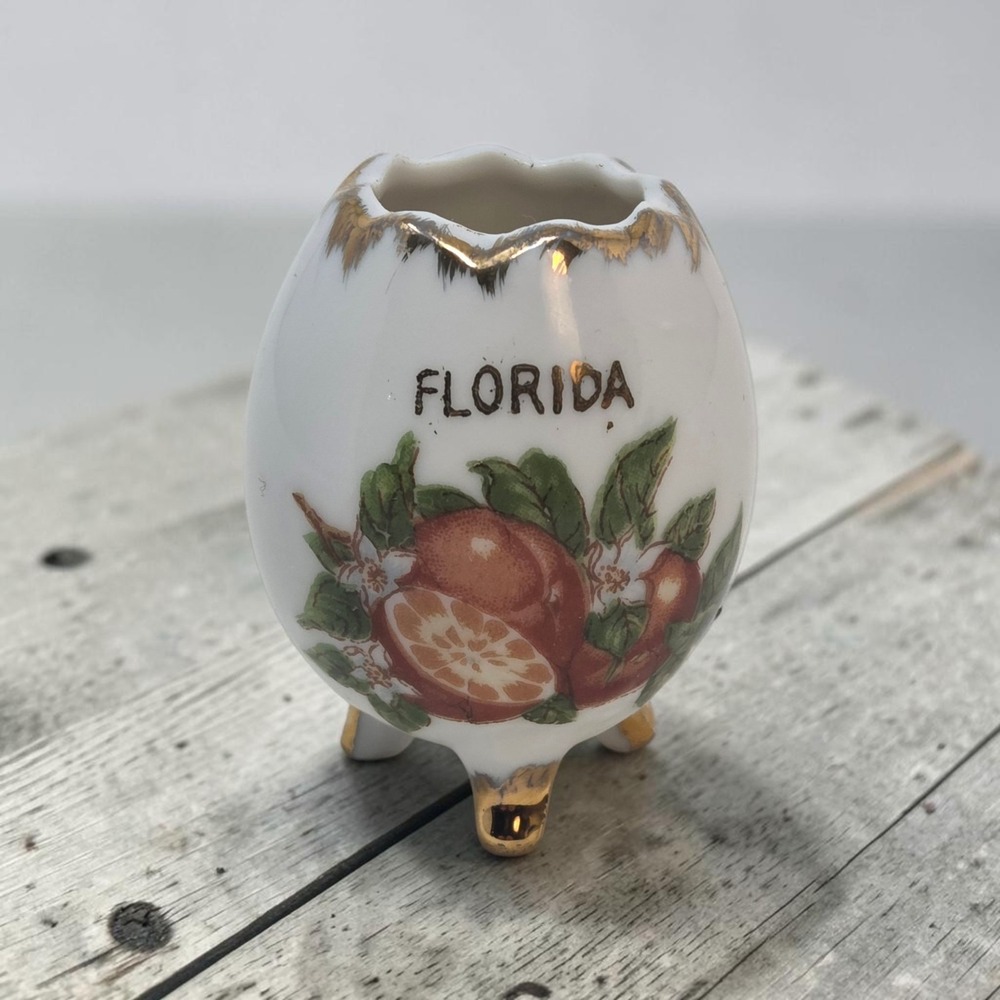 Vintage Florida Souvenir Porcelain Cracked Egg Footed Toothpick Holder Oranges